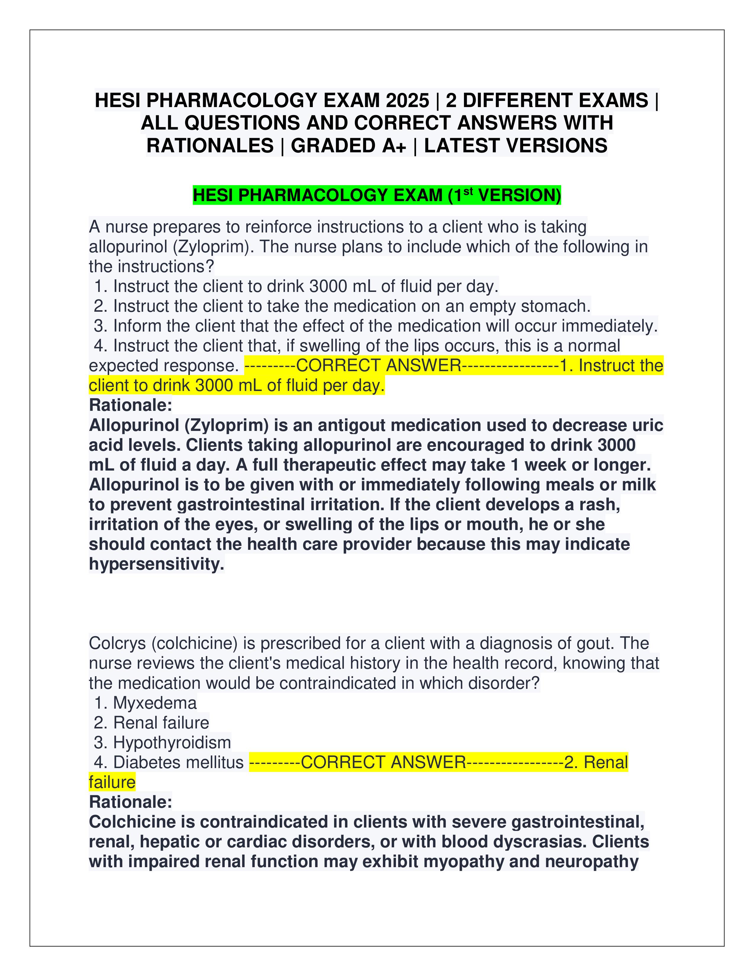 Preview of HESI PHARMACOLOGY EXAM 2025 | 2 DIFFERENT EXAMS | ALL QUESTIONS AND CORRECT ANSWERS WITH RATIONALES | GRADED A+ | LATEST