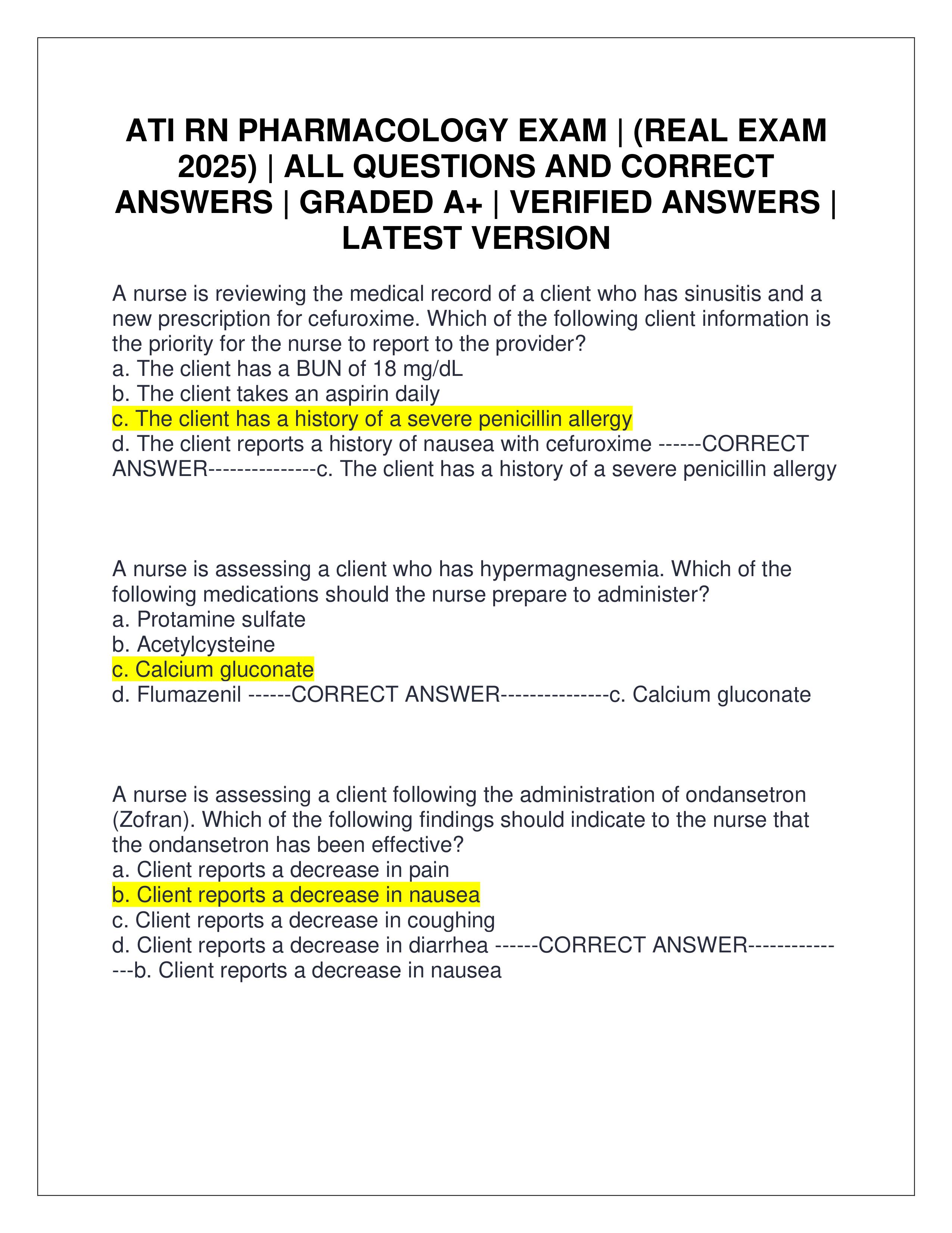 Preview of ATI RN PHARMACOLOGY EXAM | (REAL EXAM 2025) | ALL QUESTIONS AND CORRECT ANSWERS | GRADED A+ | VERIFIED ANSWERS | LATEST 