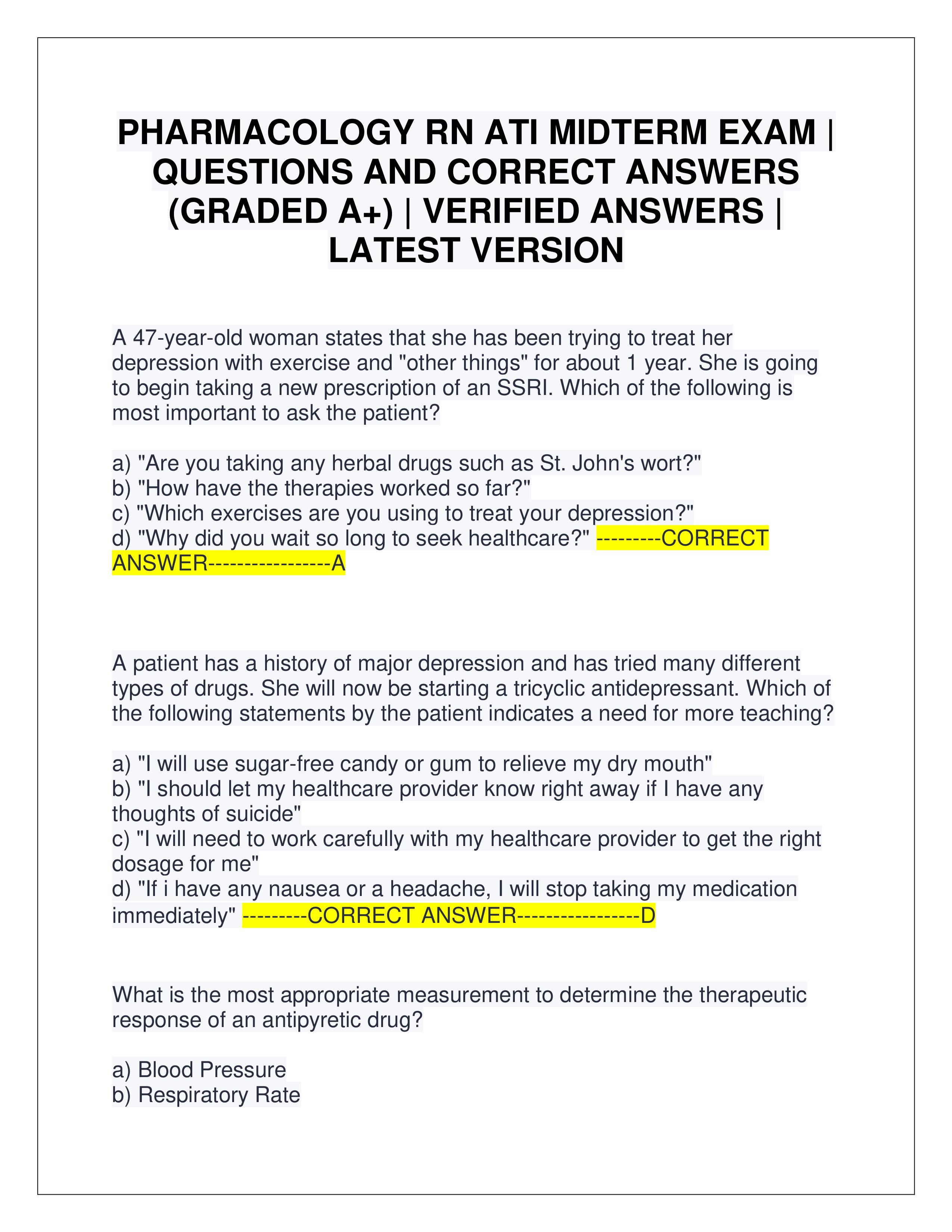 Preview of PHARMACOLOGY RN ATI MIDTERM EXAM | QUESTIONS AND CORRECT ANSWERS (GRADED A+) | VERIFIED ANSWERS | LATEST VERSION