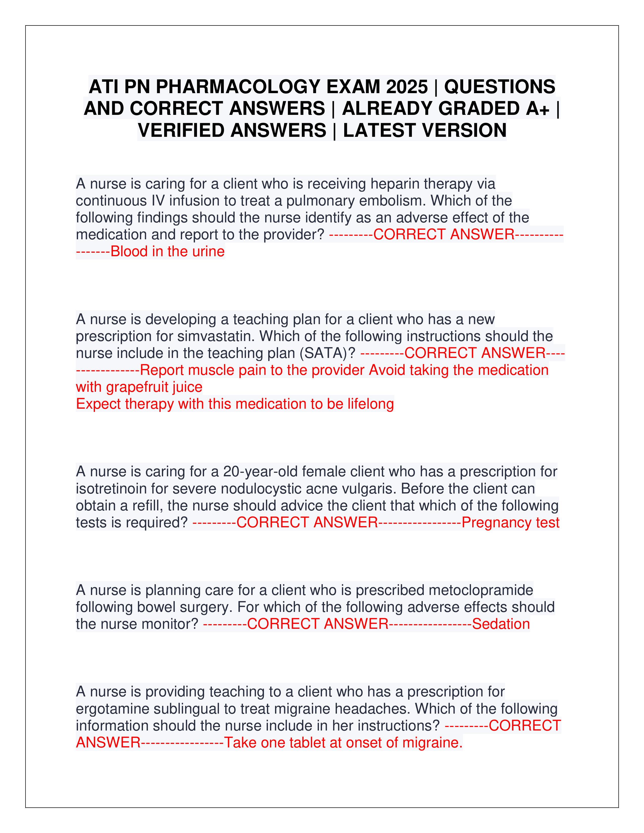 Preview of ATI PN PHARMACOLOGY EXAM 2025 | QUESTIONS AND CORRECT ANSWERS | ALREADY GRADED A+ | VERIFIED ANSWERS | LATEST VERSION