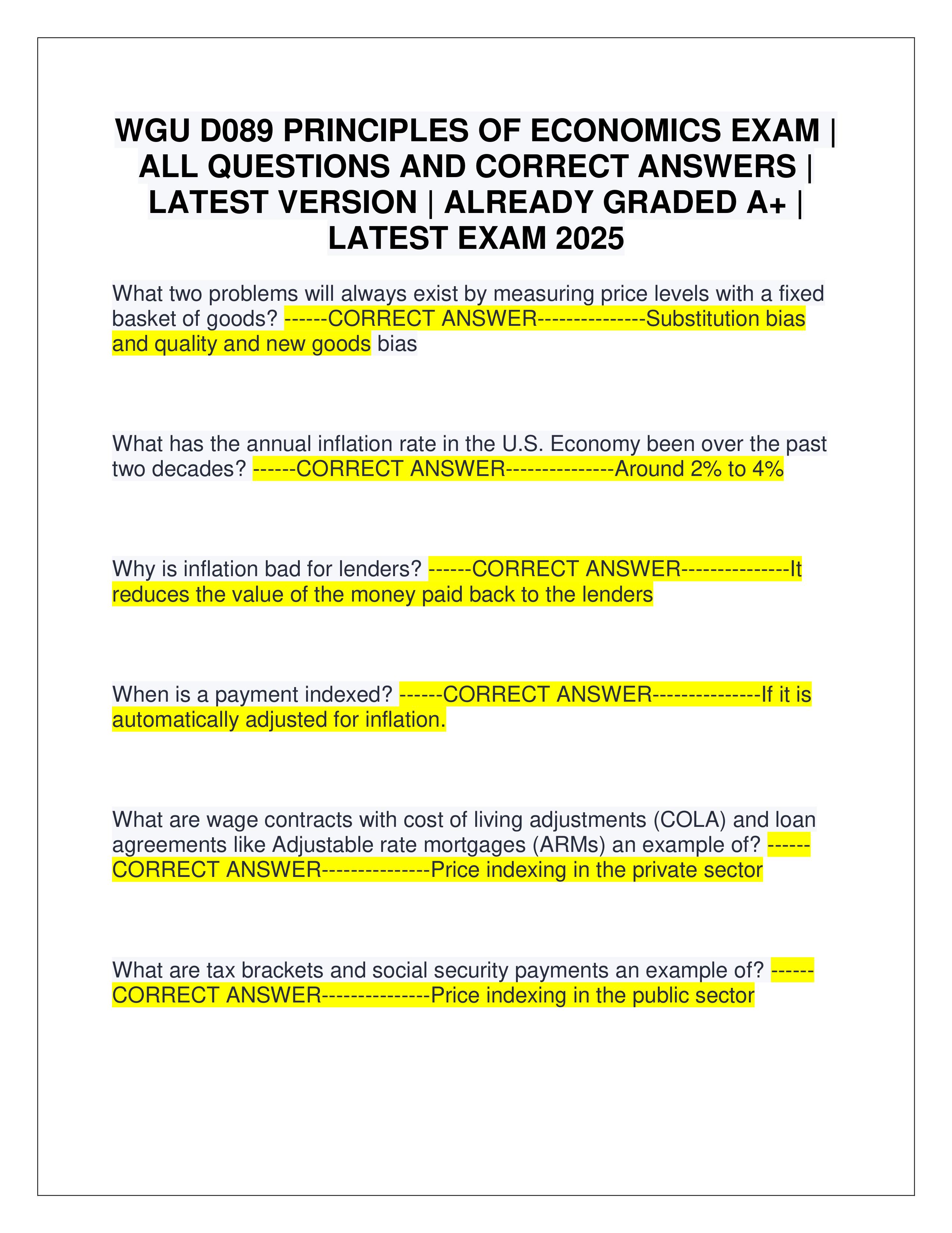 Preview of WGU D089 PRINCIPLES OF ECONOMICS EXAM | ALL QUESTIONS AND CORRECT ANSWERS | LATEST VERSION | ALREADY GRADED A+ | LATEST 
