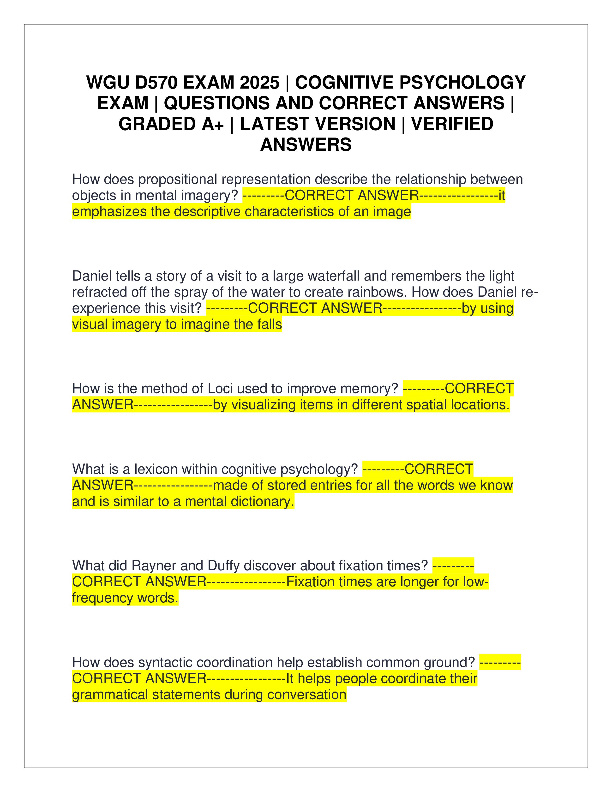 Preview of WGU D570 EXAM 2025 | COGNITIVE PSYCHOLOGY EXAM | QUESTIONS AND CORRECT ANSWERS | GRADED A+ | LATEST VERSION | VERIFIED A