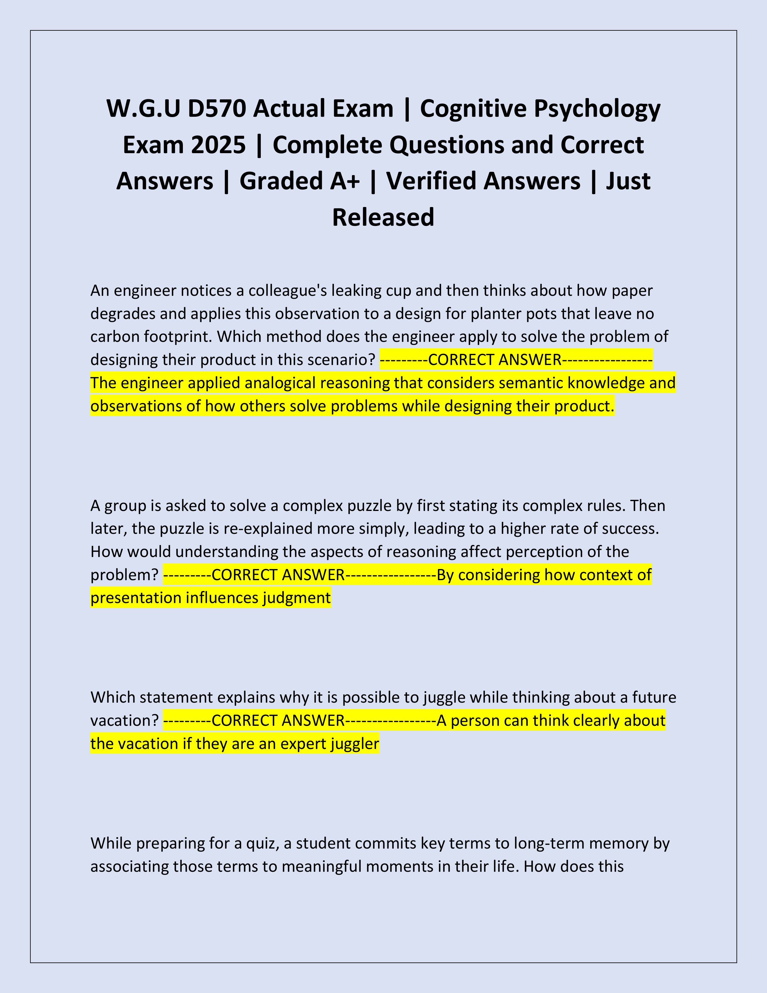 Preview of W.G.U D570 Actual Exam | Cognitive Psychology Exam 2025 | Complete Questions and Correct Answers | Graded A+ | Verified 